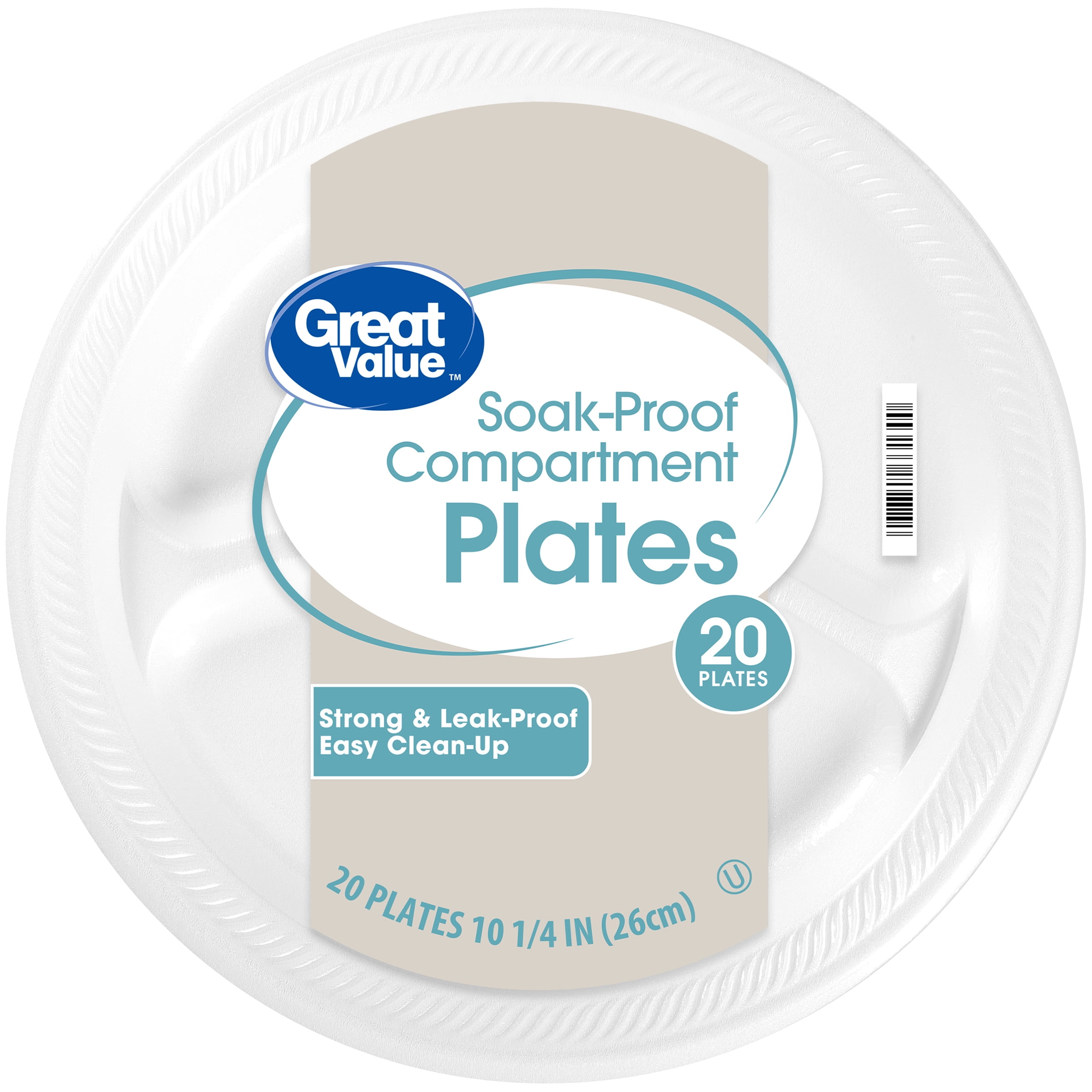 Great Value Everyday Disposable Foam Compartment Plates, 10 inch, 20