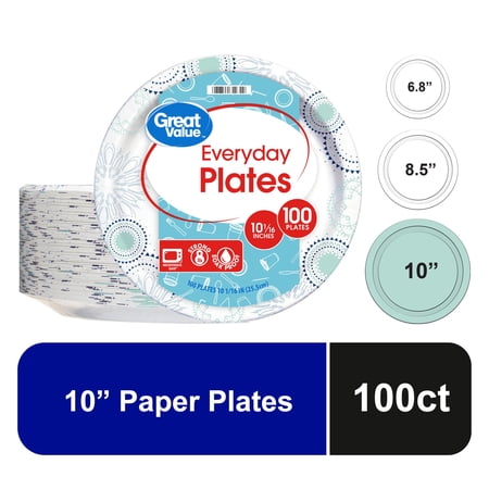 GREAT VALUE DISPOSABLE PAPER PLATES, 10″, 100 COUNT