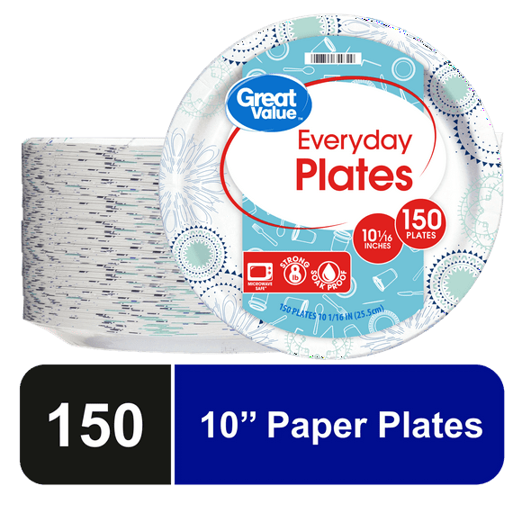 Great Value Disposable Paper Plates, 10", 150 Count