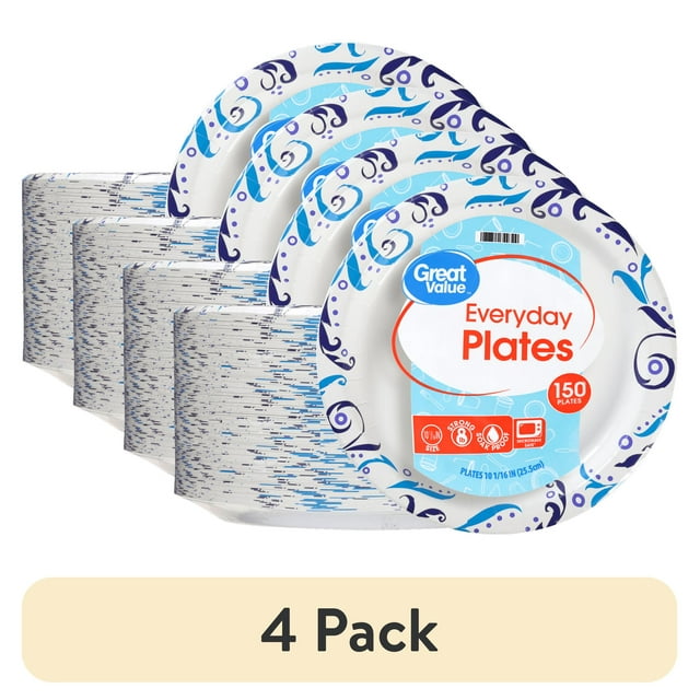 (4 pack) Great Value Everyday Disposable Paper Plates, 10", 150 Count, White with Pattern