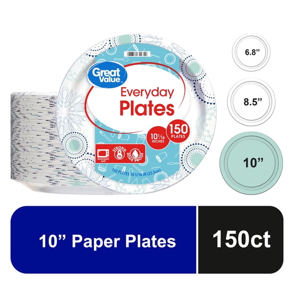 Great Value Disposable Paper Plates, 10", 150 Count