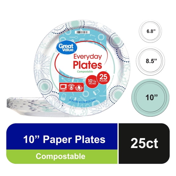 Great Value Disposable Patterned Paper Plates, 10 inch, 25 Count