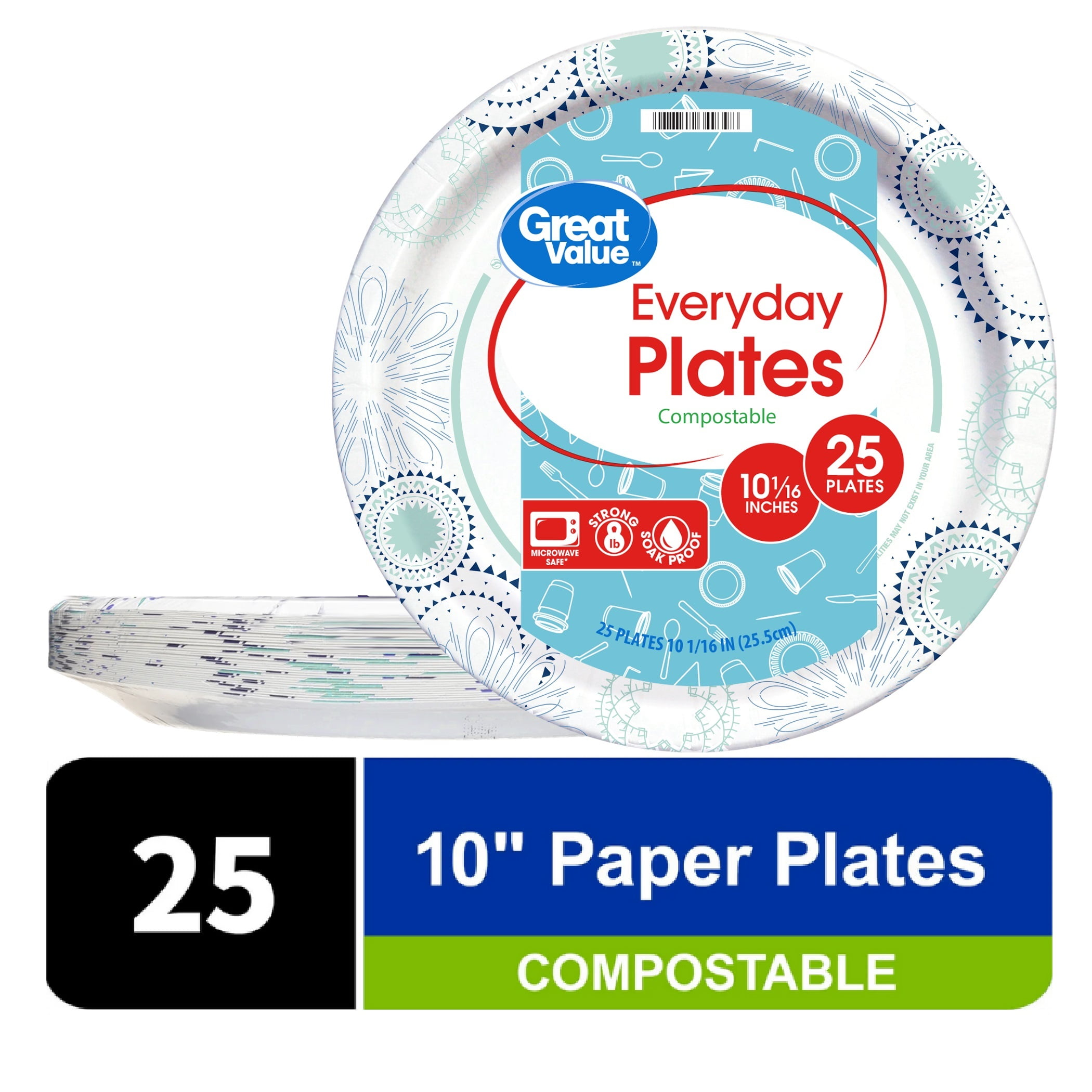 Great Value Everyday Disposable Patterned Paper Plates, 10 inch, 25 Count