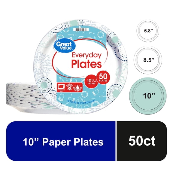 Great Value Disposable Paper Plates, 10", 50 Count