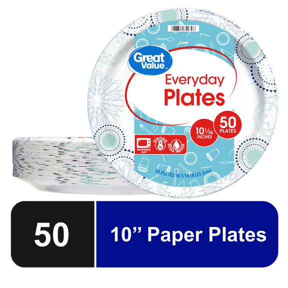 Great Value Everyday Disposable Paper Plates, 10", 50 Count