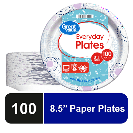 Great Value Disposable Paper Plates, 8.5", 100 Count