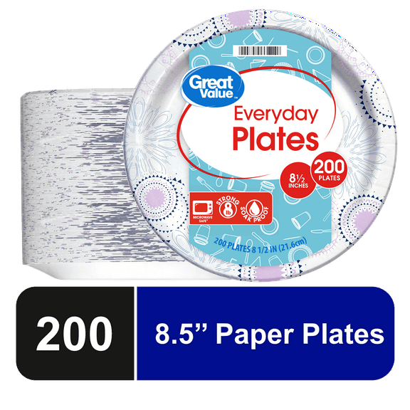 Great Value Disposable Paper Plates, 8.5", 200 Count