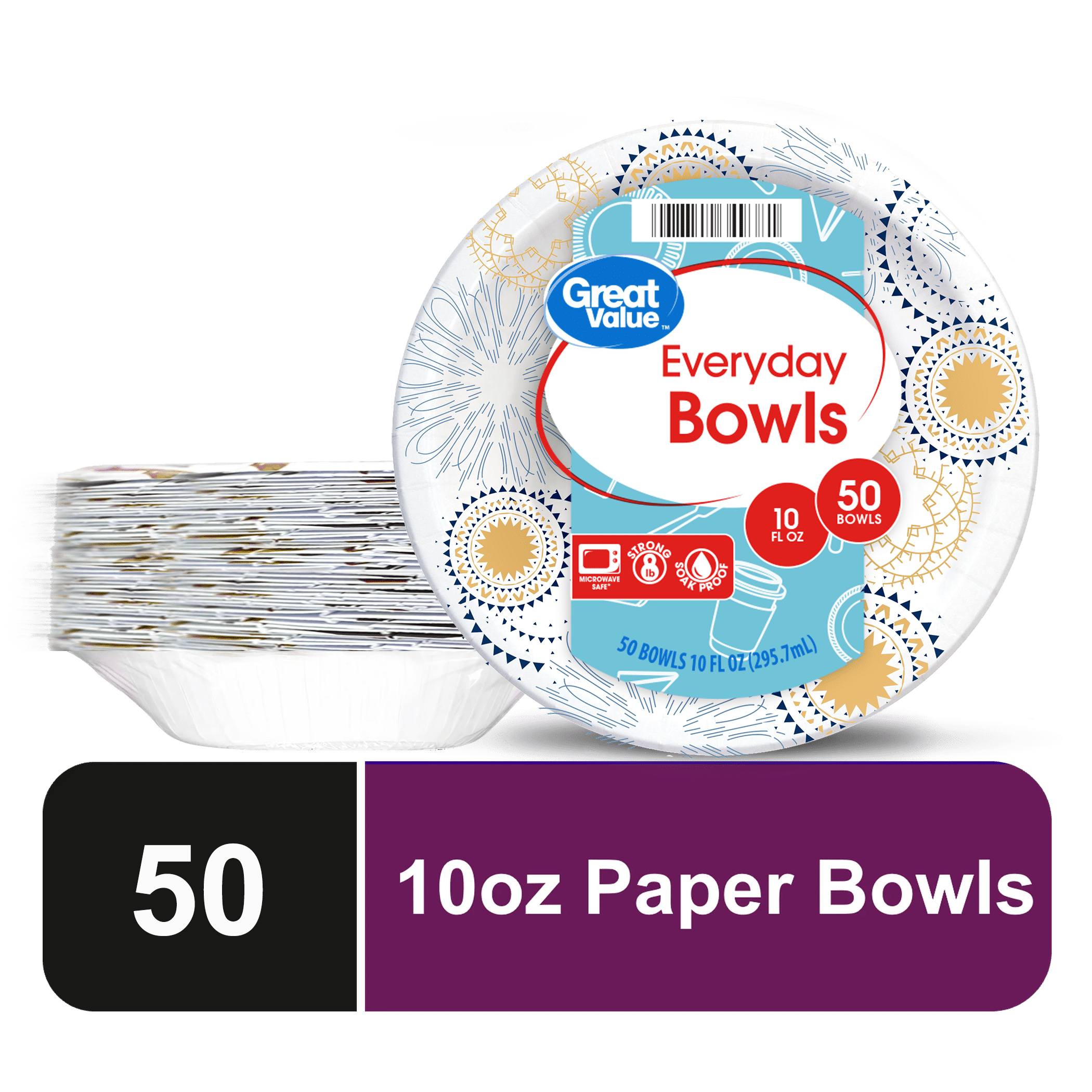 Great Value Everyday Disposable Patterned Paper Bowls, 10 oz, 50 Count