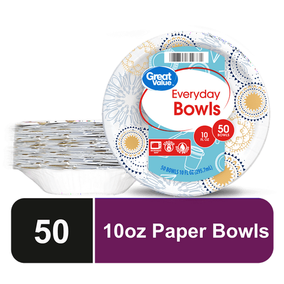 Great Value Everyday Disposable Patterned Paper Bowls, 10 oz, 50 Count