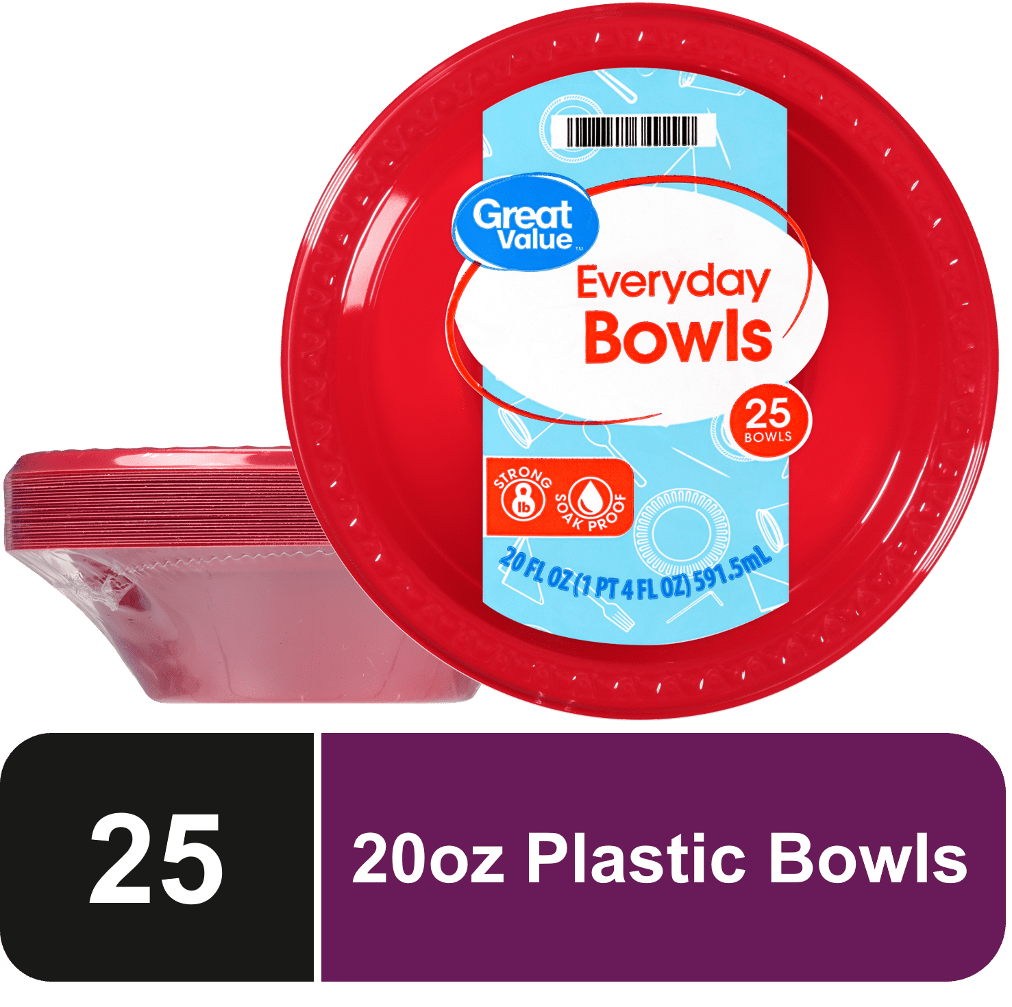 Great Value Everyday Disposable Plastic Bowls, Red, 20 oz, 25 Count