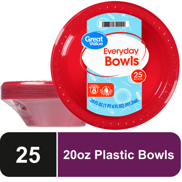 Great Value Everyday Disposable Plastic Bowls, Red, 20 oz, 25 Count