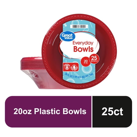 Great Value Everyday Disposable Plastic Bowls, Red, 20 oz, 25 Count