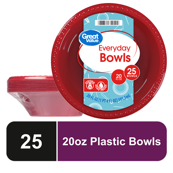Great Value Everyday Disposable Plastic Bowls, Red, 20 oz, 25 Count