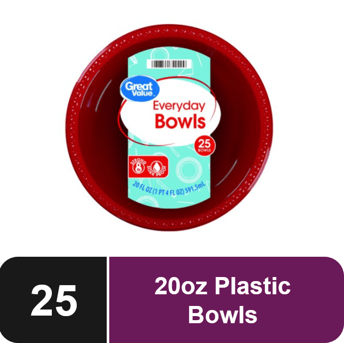 Great Value Everyday Disposable Plastic Bowls, Red, 20 oz, 25 Count