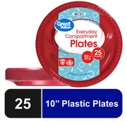 Great Value Everyday Disposable Plastic Compartment Plate, Red, 10.25", 25 Count
