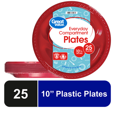 Great Value Everyday Disposable Plastic Compartment Plate, Red, 10.25", 25 Count