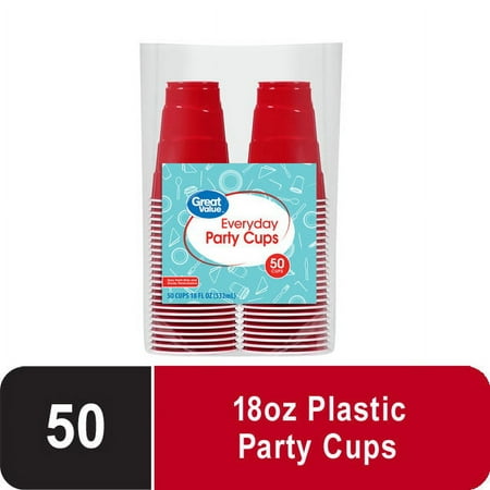 Great Value Everyday Disposable Plastic Party Cups, Red, 18 oz, 50 Count