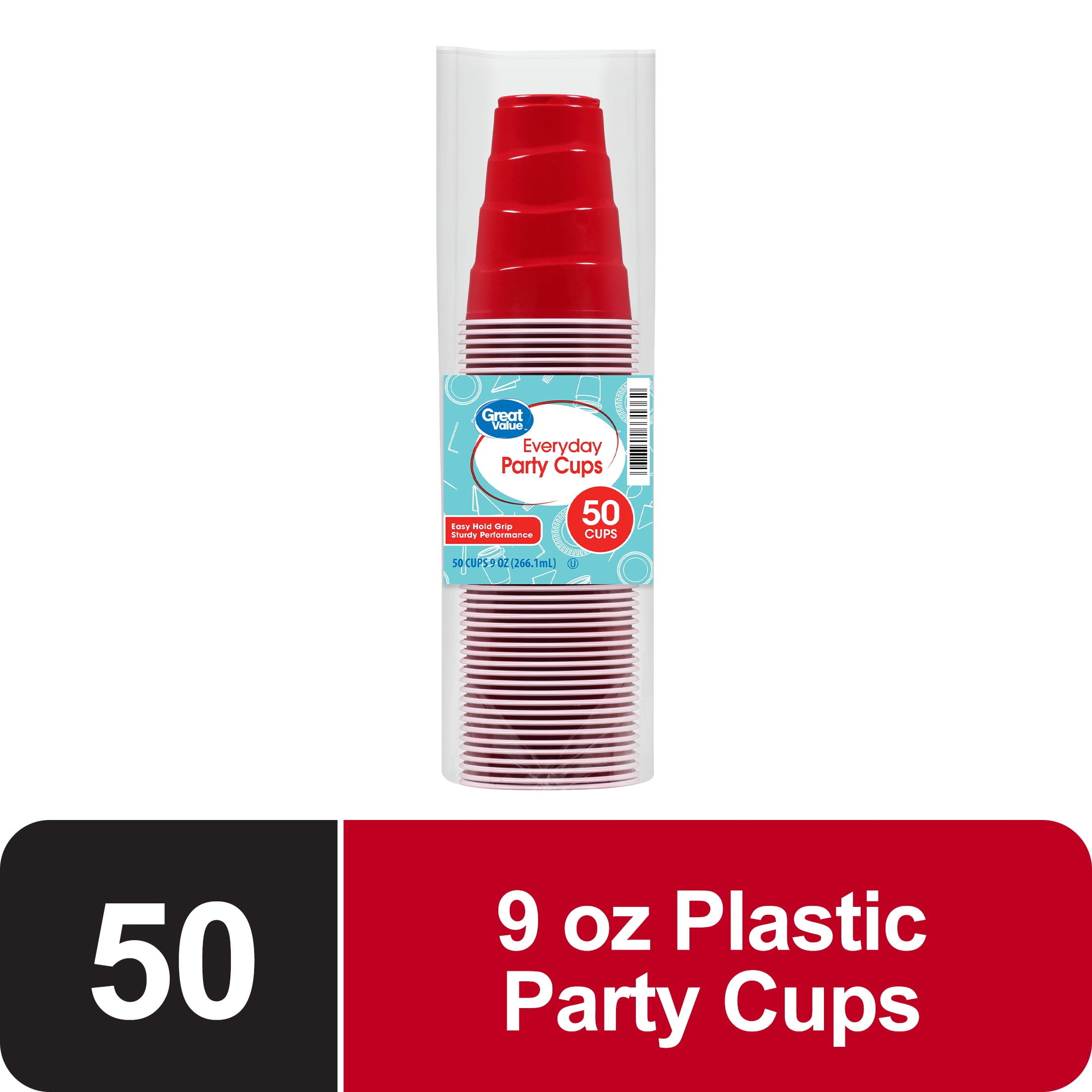 Great Value Everyday Disposable Plastic Party Cups, Red, 9 oz, 50 Count
