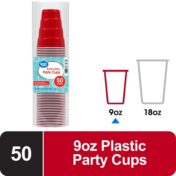 Great Value Disposable Plastic Party Cups, Red, 9 oz, 50 Count