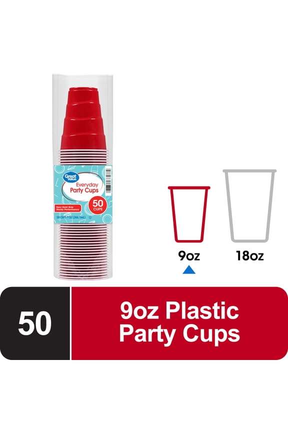 Disposable Plastic Party Cups, Red, 9 oz, 50 Count