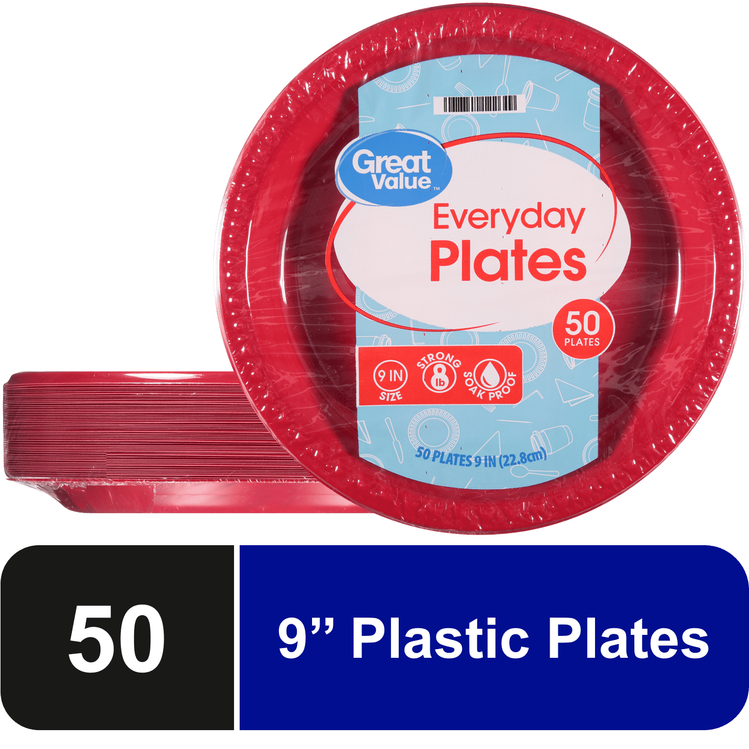 Great Value Everyday Disposable Plastic Plates, Red, 9", 50 Count