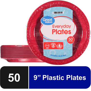 Great Value Everyday Disposable Plastic Plates, Red, 9", 50 Count