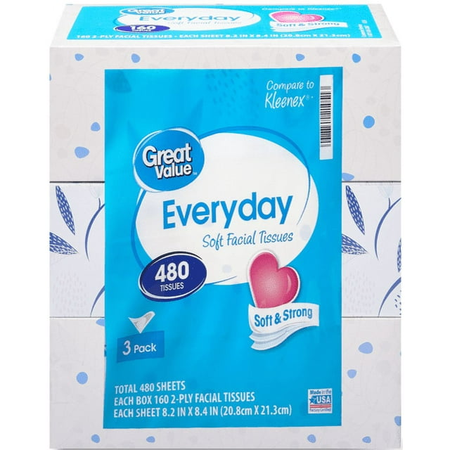 Great Value Everyday Facial Tissues, 3 Flat Boxes (480 Total Tissues