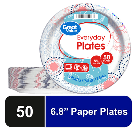 Great Value Everyday Patterned  Paper Plates, 7", 50 Count