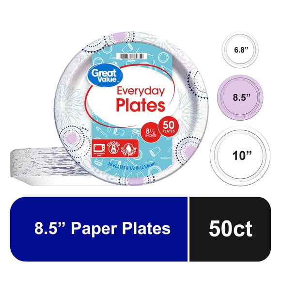 Great Value Everyday Blue Paper Plates, 8.5", 50 Count