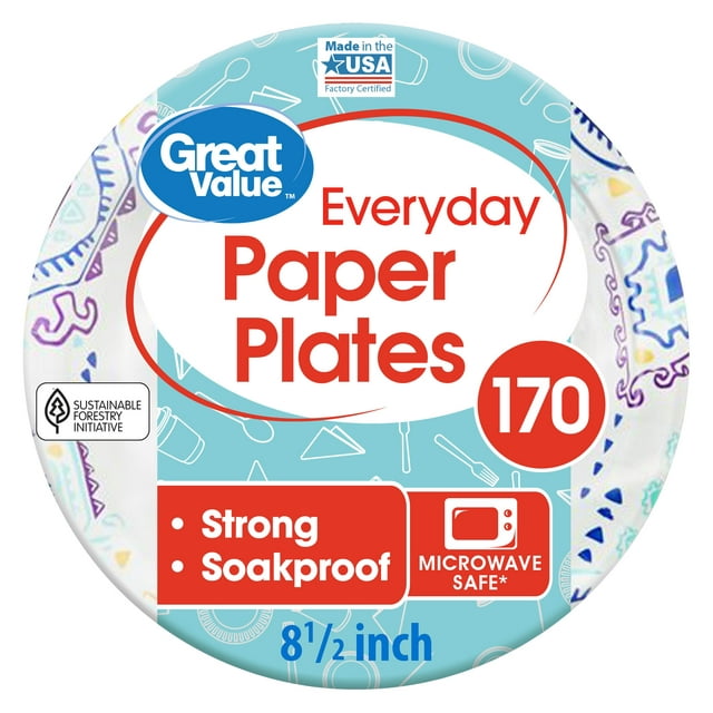 Great Value Everyday Paper Plates, 8.5", 170 Count