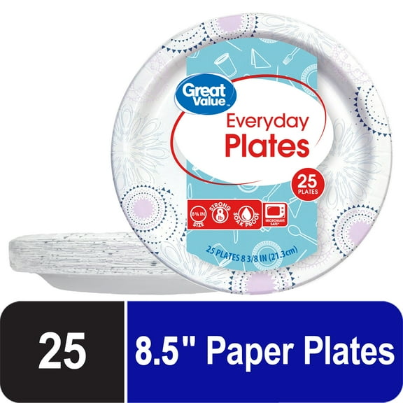 Great Value Paper Plates, 8.5", Patterned, 25 Count