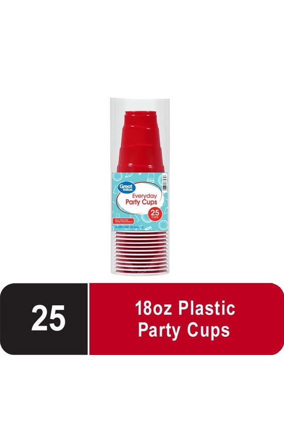 Party Disposable Plastic Cups, Red, 18 oz, 25 Count