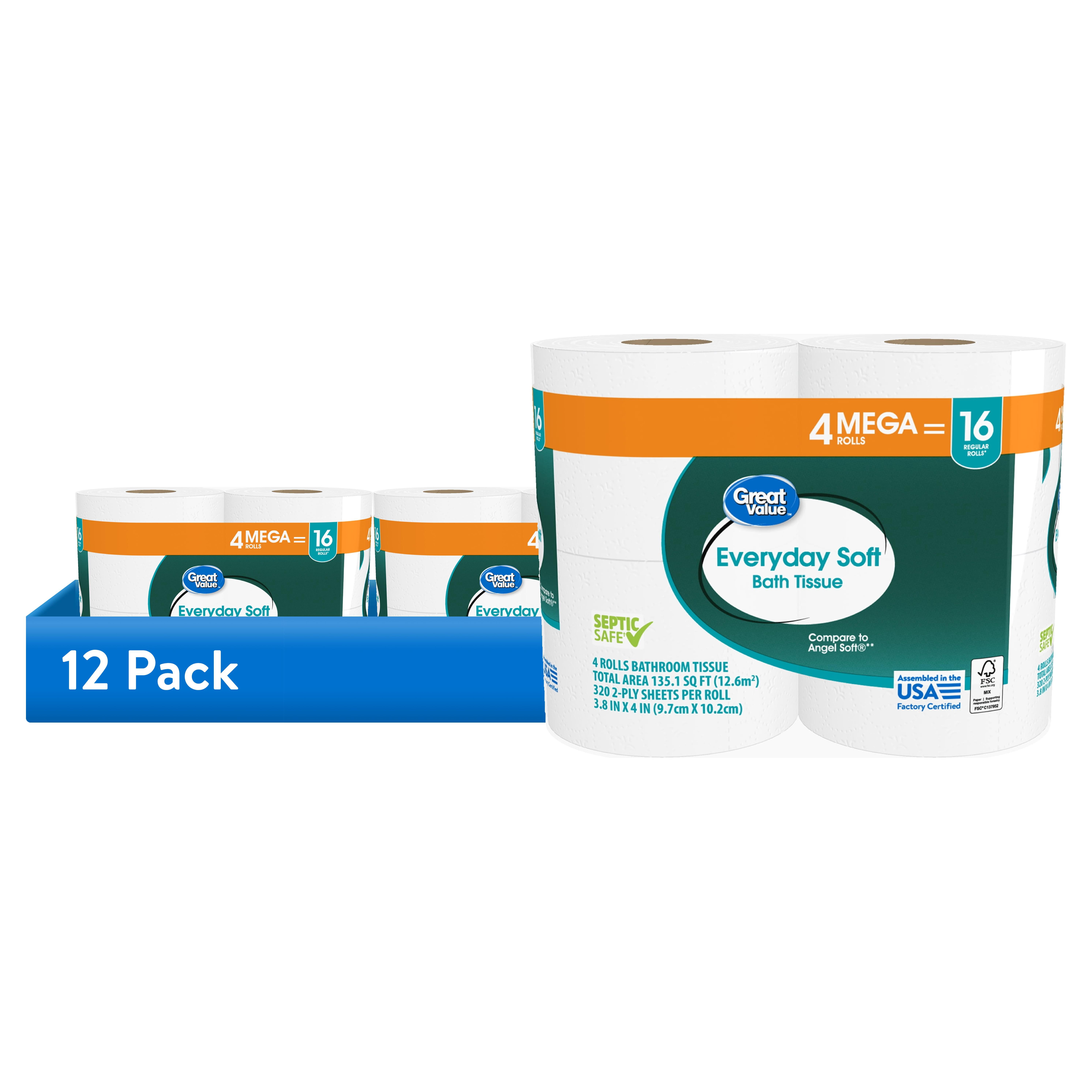 (12 pack) Great Value Everyday Soft Bath Tissue, 4 Count, Mega Rolls, Compare to Angel Soft®