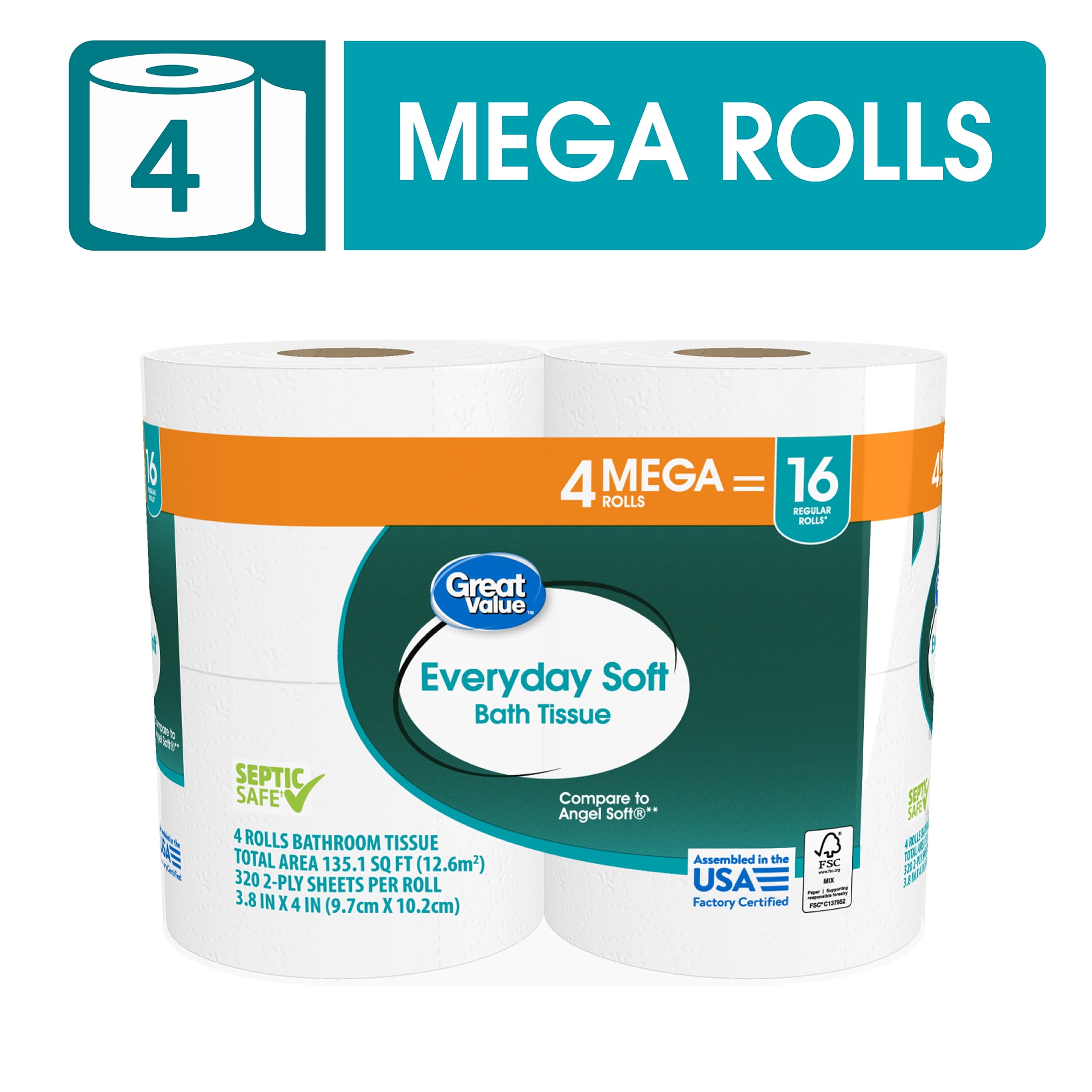 Great Value Everyday Soft Bath Tissue, 4 Count, Mega Rolls, Compare to Angel Soft®