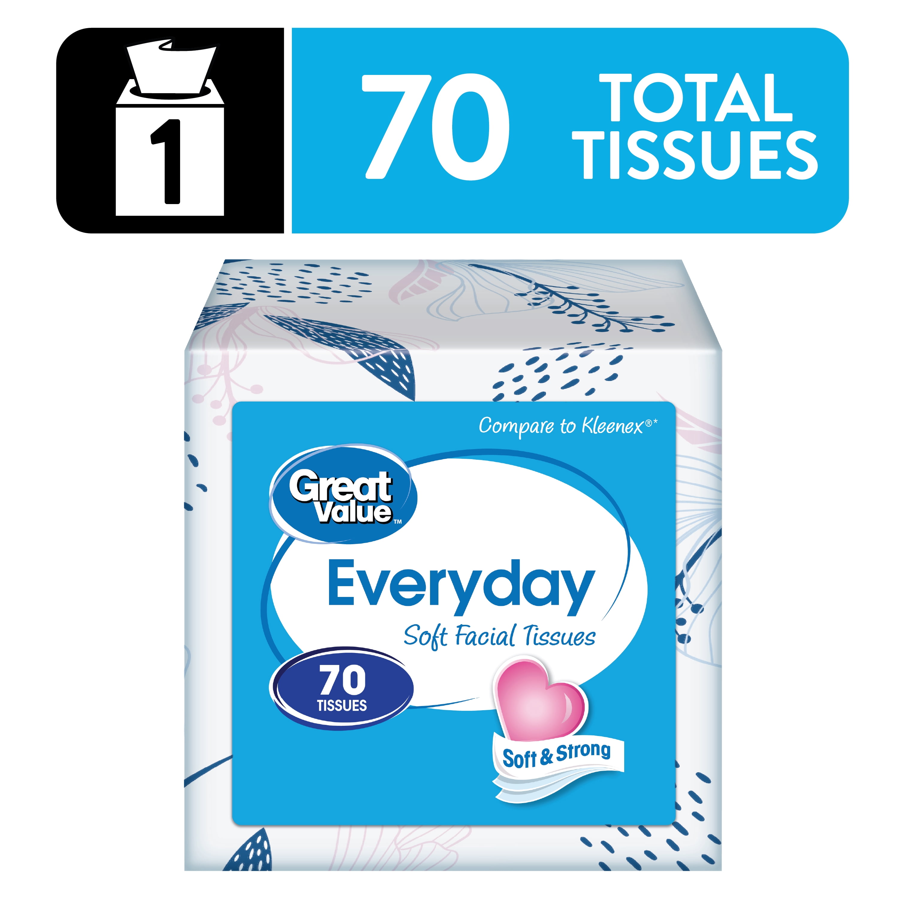 Great Value Everyday Soft Facial Tissues, 1 Cube, 70 Tissues per Cube, 2-Ply, Compare to Kleenex