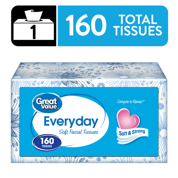 Great Value Everyday Soft Facial Tissues, 1 Flat Carton, 160 Tissues per Flat, 2-Ply