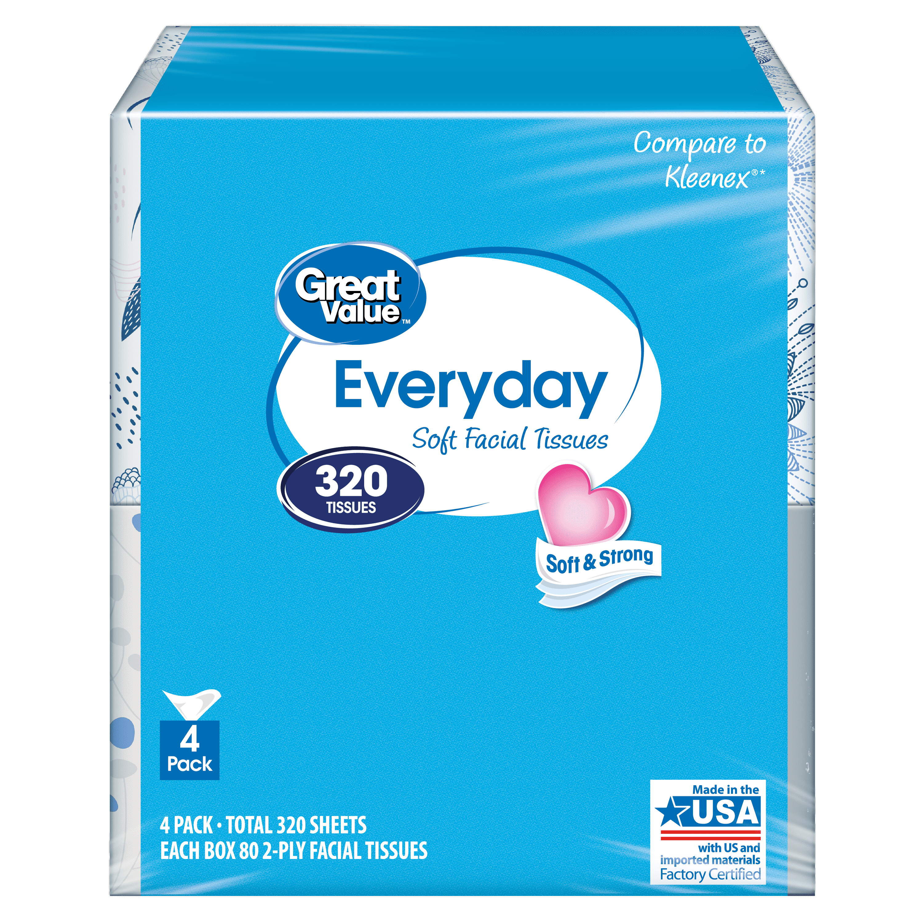 Great Value Everyday Soft Facial Tissues, 2Ply, 4 Cube Cartons (320 Total Tissues) Blue