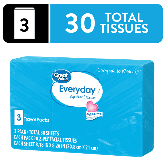 Great Value Everyday Soft Facial Tissues, 3 Travel Packs, 10 Tissues Per Pack, 2-Ply, Compare to Kleenex