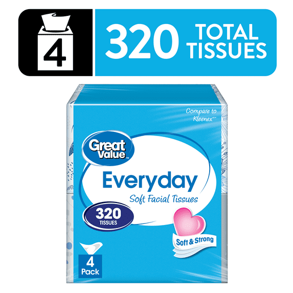 Great Value Everyday Soft Facial Tissues, 4 Cube Cartons, 80 Tissues per Cube, 2-Ply Blue