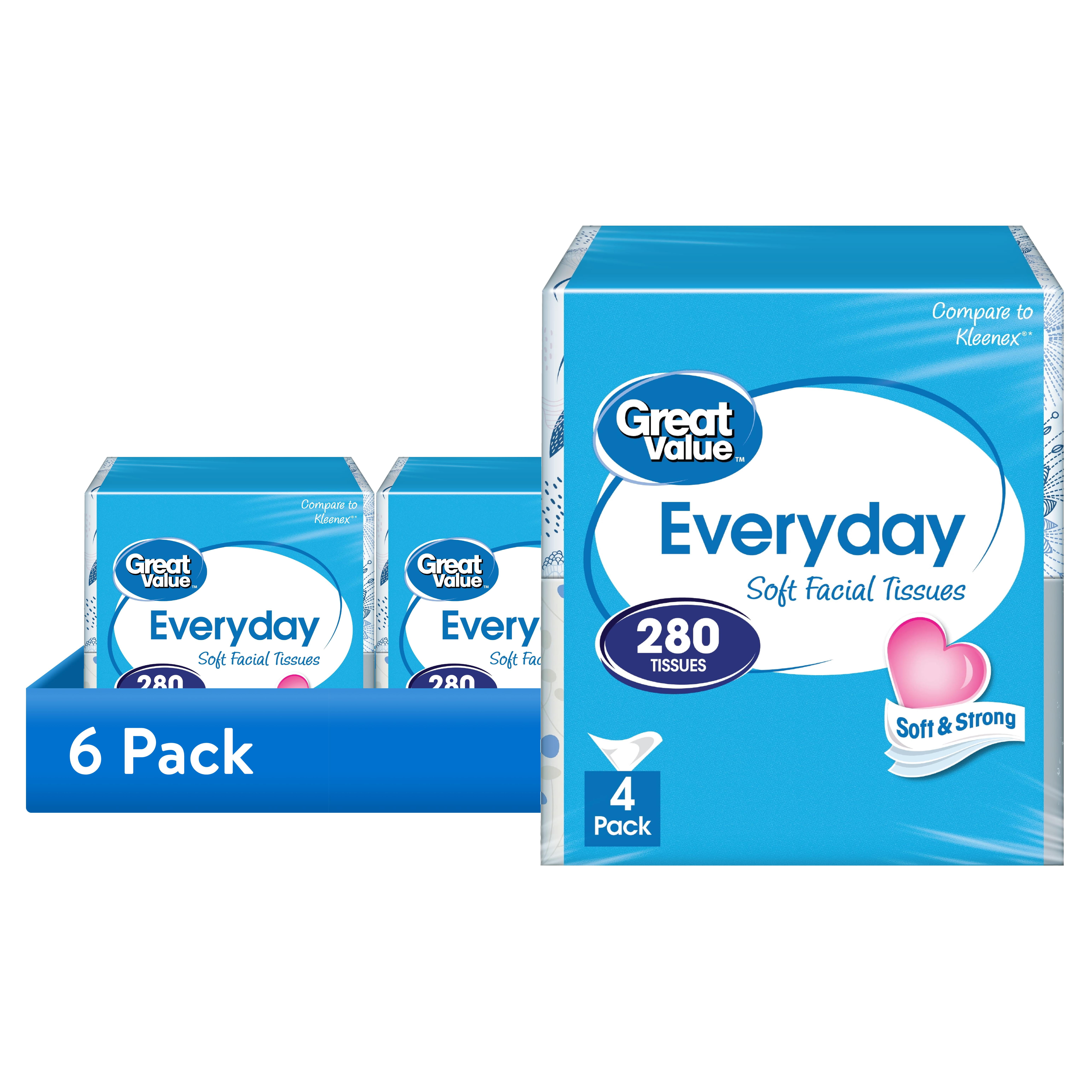 (6 pack) Great Value Everyday Soft Facial Tissues, 4 Cubes, 70 Tissues per Cube, 2-Ply