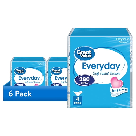 (6 pack) Great Value Everyday Soft Facial Tissues, 4 Cubes, 70 Tissues per Cube, 2-Ply, Compare to Kleenex®