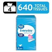 Great Value Everyday Soft Facial Tissues, 4 Flat Cartons, 160 Tissues per Flat, 2-Ply