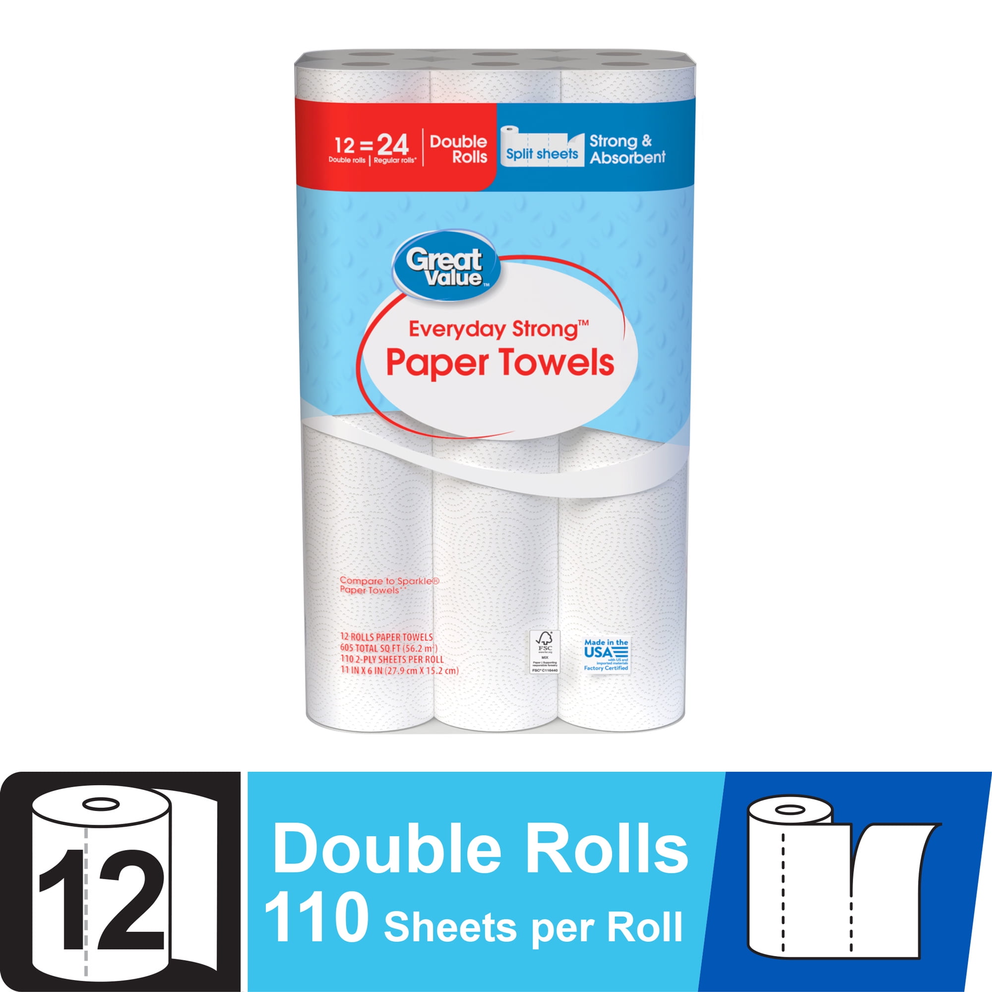 Great Value Everyday Strong Paper Towels, Split Sheets, 12 Double Rolls, Compare to Sparkle