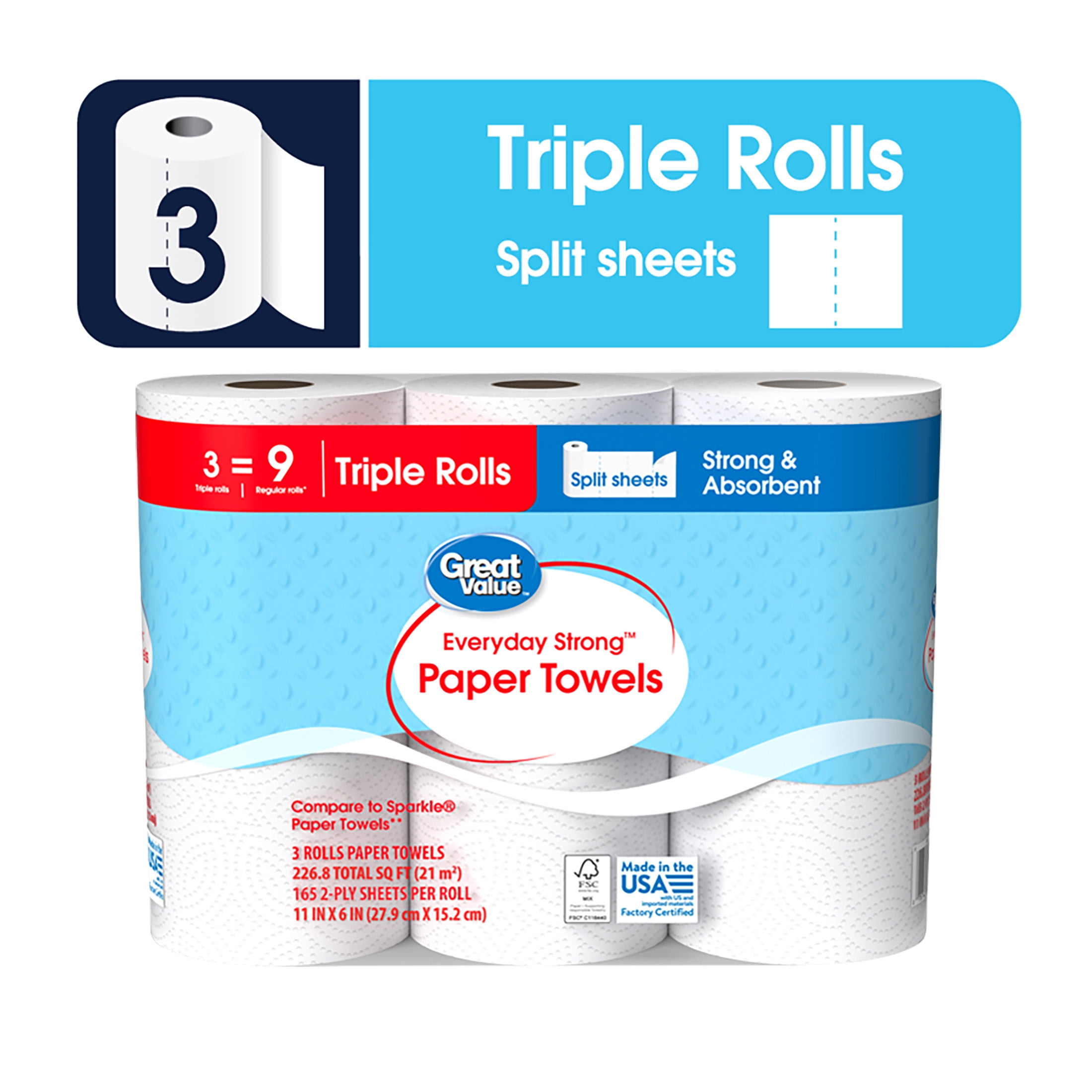 Great Value Everyday Strong Paper Towels, Split Sheets, 3 Triple Rolls, Compare to Sparkle