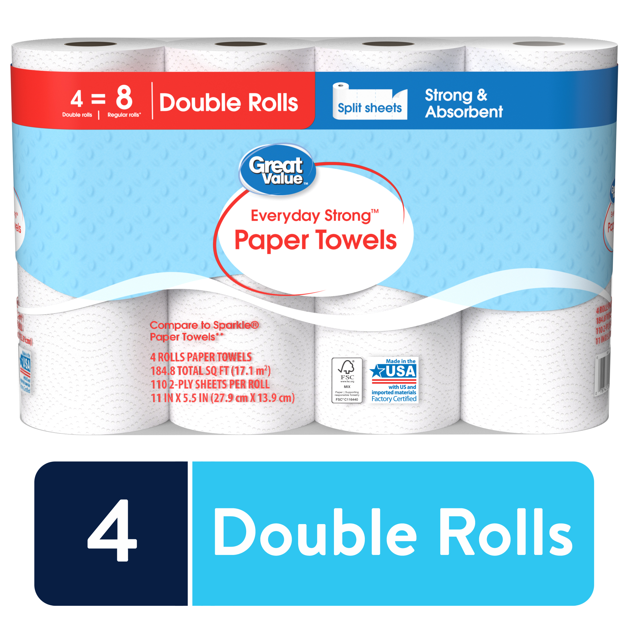 Great Value Everyday Strong Paper Towels, Split Sheets, 4 Double Rolls ...