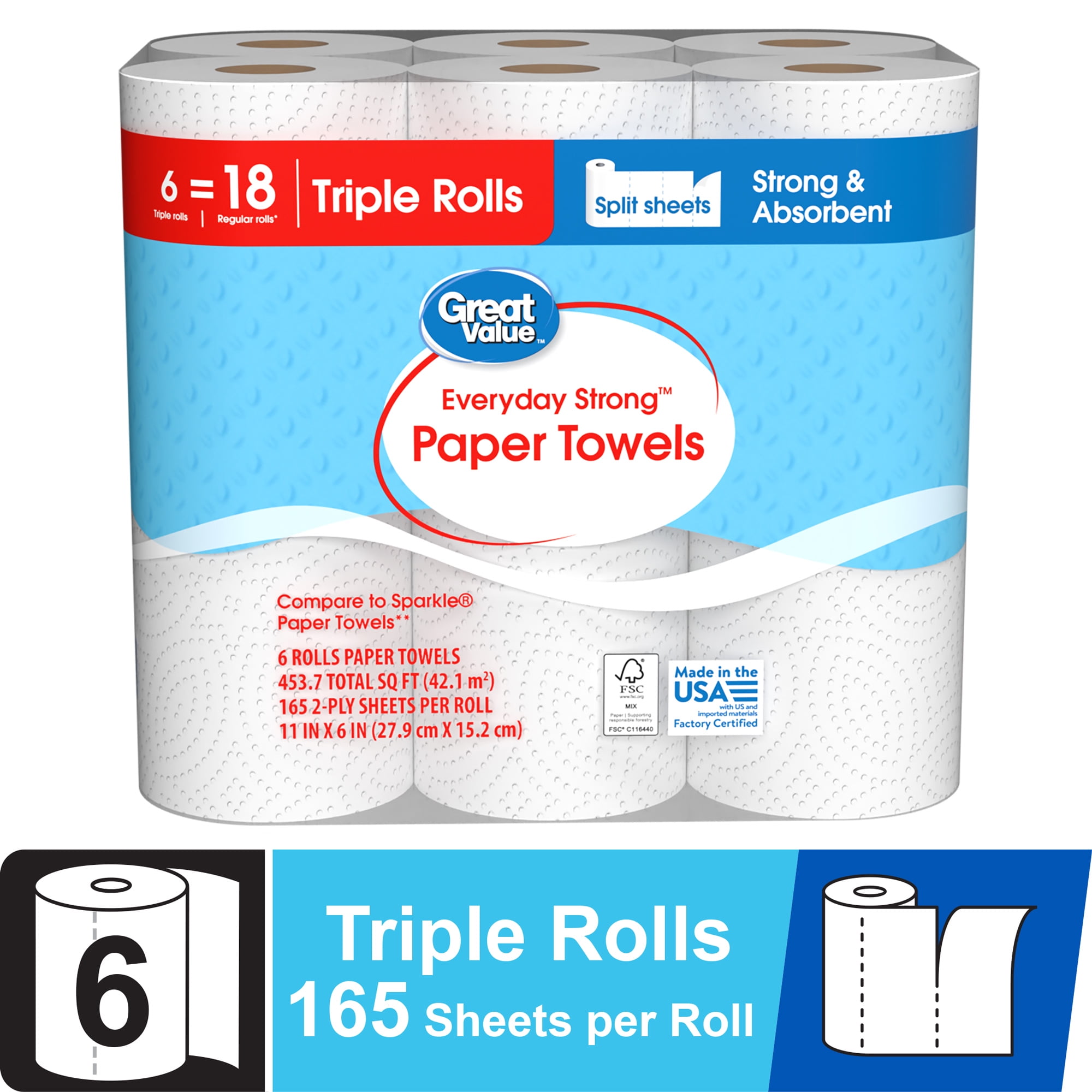 Great Value Everyday Strong Paper Towels, Split Sheets, 6 Triple Rolls, Compare to Sparkle