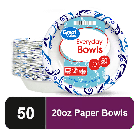 Great Value Everyday Disposable Paper Bowls, 20 oz, 50 Count