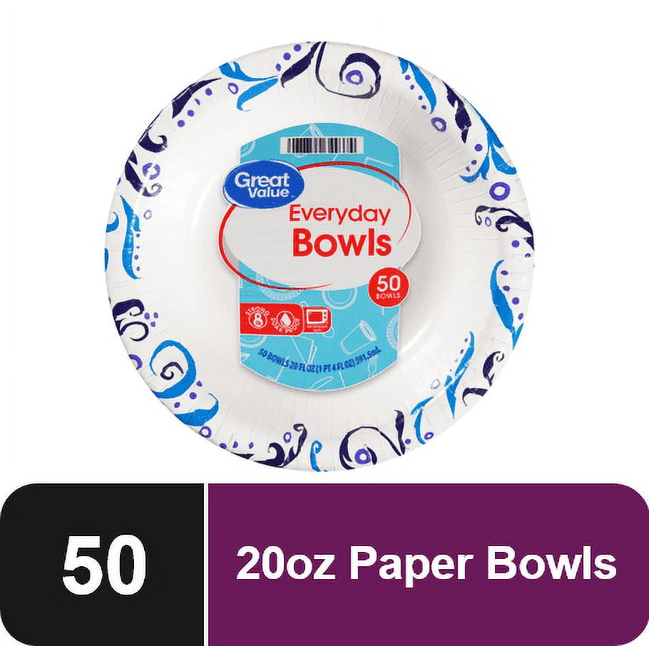 Great Value Everyday Strong, Soak Proof, Microwave Safe, Disposable Paper  Bowls, 20 oz, Patterned, 50 Count 