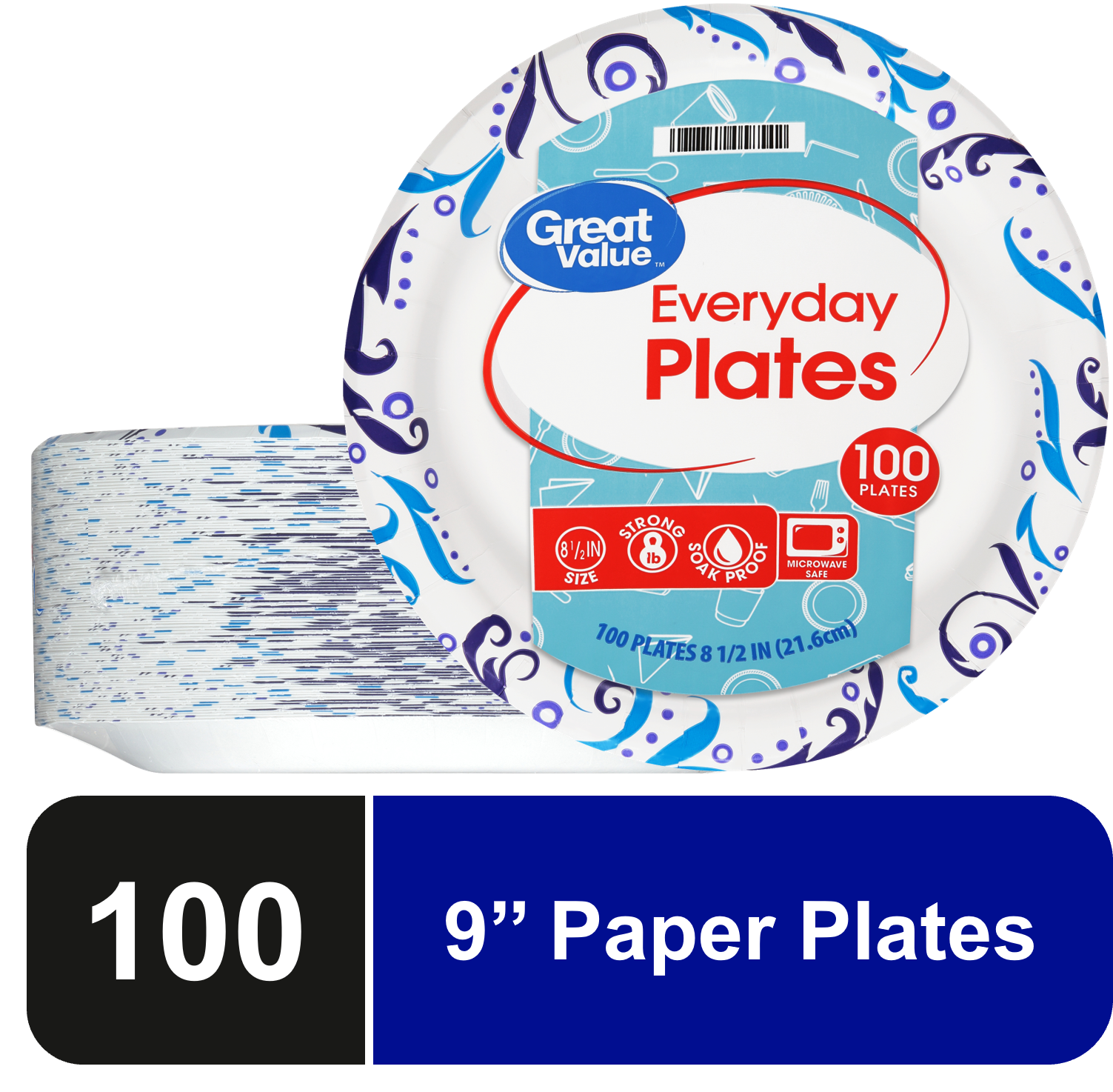 Great Value Everyday Strong, Soak Proof, Microwave Safe, Disposable Paper Lunch Plates, 9 in, 100 Plates, Patterned - image 1 of 9