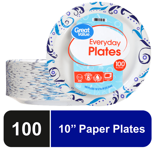 Great Value Everyday Strong, Soak Proof, Microwave Safe, Disposable Paper Plates, 10 in, Patterned, 100 Count